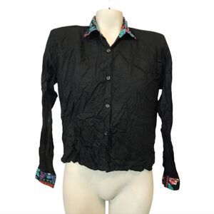 Vintage Cotton Tree Black Button-Up Top with Colorful Collar & Cuffs Size Small